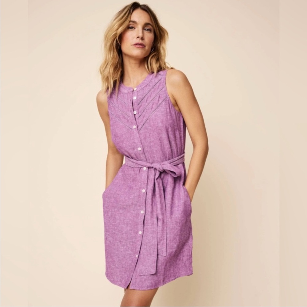 EUC UNTUCKit Belted Linen Blend Keeley Shirt Dress Purple Size 14 Chambray Lilac